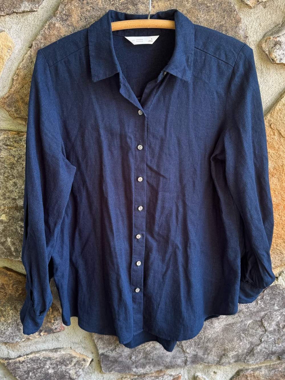 LC Lauren Conrad Navy Linen Blend Button Down Blouse Coastal Small